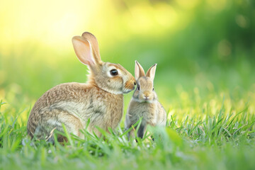 Fototapeta premium A rabbit with her cub, mother loves and cares in everyday life