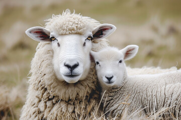 A sheep with her cub, mother loves and cares in everyday life