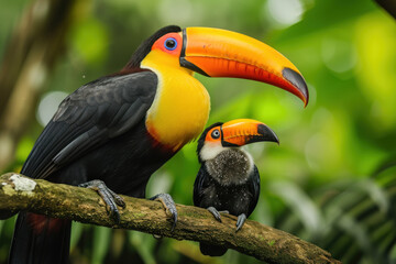 Fototapeta premium A Toucan with her cub, mother love and care in wildlife scene