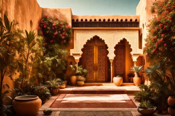 exterior of a traditional Middle-Eastern villa, featuring an ornate entrance, lush gardens, and warm terracotta hues under the golden sunlight 