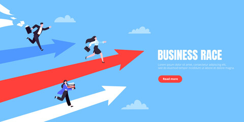 Business career competition with man and woman business persons running flat style design vector illustration concept. Leadership race employee competition with achieving success award. - obrazy, fototapety, plakaty