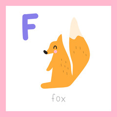 Cute fox. Letter F. English alphabet for kids. Educational vector illustration.