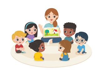 Teacher tells story book while student  sit on floor in circle and listen to her.