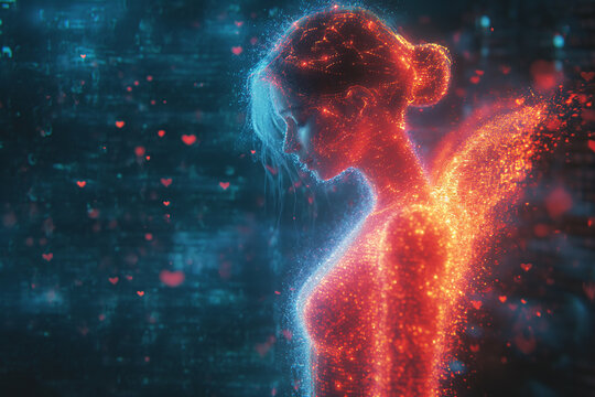 AI Cupid in a virtual space, surrounded by heart-shaped pixels and binary code.