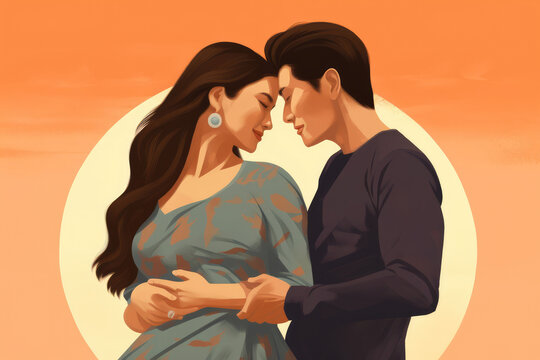 
Illustration of a 43-year-old pregnant woman with a partner, both of East Asian descent, looking at the belly with love and anticipation
