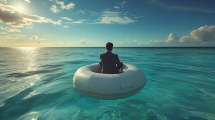 Business safety concept with businessman sleeping peaceful on raft at sea - obrazy, fototapety, plakaty