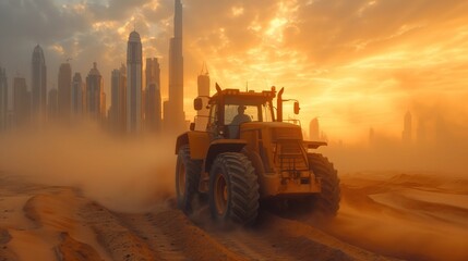 Fototapeta na wymiar Construction tractor, truck in desert in Dubai, United Arab Emirates at background