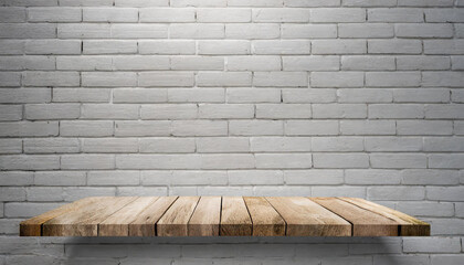 Timeless Appeal: White Brick Wall Background with Empty Wood Plank Shelf