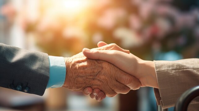 Close up doctor hand touching hand of patient, showing kindness and encourage for medication and treatment