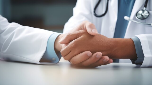 Close up doctor hand touching hand of patient, showing kindness and encourage for medication and treatment
