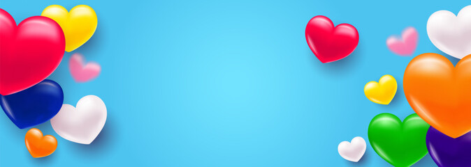 Background with heart. Multi-colored volumetric hearts in the colors of the LGBT pride rainbow. Texture for banner and postcard.