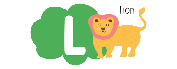 Letter L. Lion. Study English alphabet. Educational concept for children. Flat vector illustration on white background.