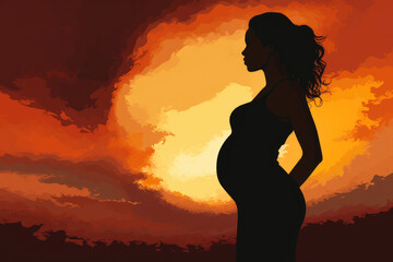 
Illustration of an artistic silhouette of a 40-year-old Latina pregnant woman against a dramatic sky