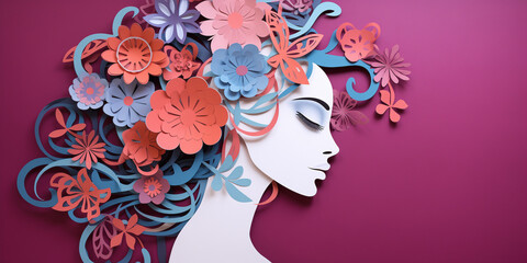 a girl's head with flowers in purple paper on a pink background