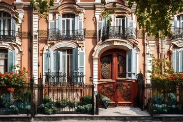 Fototapeta na wymiar European townhouse facade, characterized by charming window boxes, wrought-iron railings, and a cobblestone sidewalk