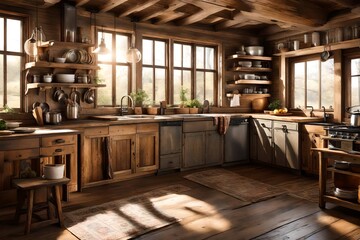 American farmhouse kitchen, with rustic wooden cabinets, vintage appliances, and sunlight streaming through the window 