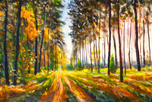 Forest Oil painting. Amazing autumn spring forest in morning sunlight. Green and yellow leaves on trees in woodland. Hand painted  park alley landscape artwork