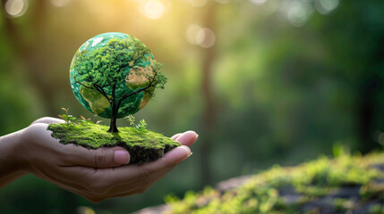 Human hand gently cradling a lush green miniature Earth adorned with a single tree, symbolizing ESG, CO2 reduction, and the quest for net zero