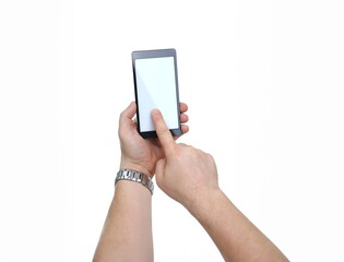 Male hand hoding smartphone isolated on white background. You can insert an image image of your text for the concept or project development of mobile applications and their advertising mobile devices