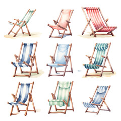 Clipart Bundle Watercolor Beach Chair, on Transparent Background