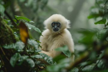 Fototapeta premium A young gibbon looks intently, surrounded by dense, misty foliage in a natural forest habitat. 