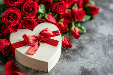 Heart-shaped gift box wrapped in a red ribbon for Valentine's Day with red roses in the background
