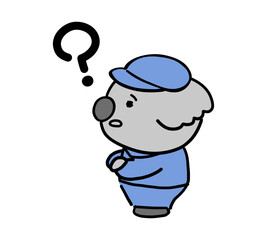 作業着を着て考え事をするコアラのキャラクター（左向き）