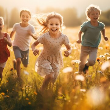 Happy and cheerful children run in field, having good day on Children's day concept
