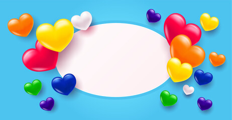 Background with heart. Multi-colored volumetric hearts in the colors of the LGBT pride rainbow. Texture for banner and postcard.