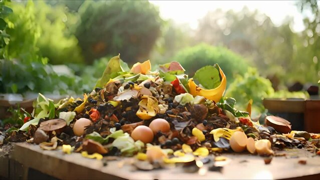 Closeup of a ting board with neatly arranged food ss ready for composting.