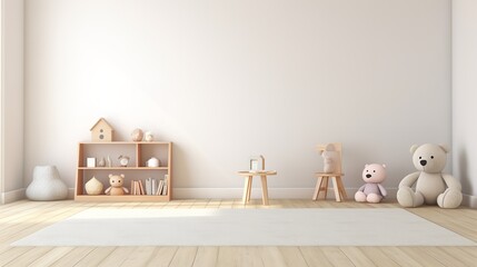 a children’s room with a wooden shelf, teddy bear, and other toys on a rug. The room has a minimalist design with a white wall and wooden floor. - obrazy, fototapety, plakaty
