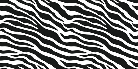 Zebra skin, stripes pattern. Animal print, black and white detailed and realistic texture. Monochrome seamless background. Vector illustration
