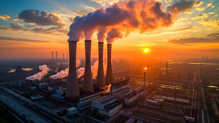 Sunset of Thermal power plant at dusk. Smoking stack of the thermal power station - obrazy, fototapety, plakaty