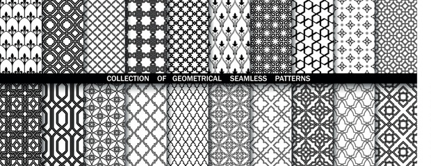Geometric set of seamless black and white patterns. Simple vector graphics