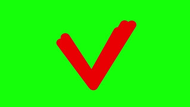Animated red icon of check mark drawn with marker. Hand drawn symbol appears. Vector illustration isolated on green background.
