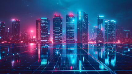 Fototapeta premium Futuristic concept, solar panels and battery hub in city