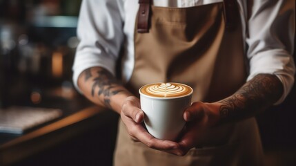 The barista in the apron is holding a cup of coffee