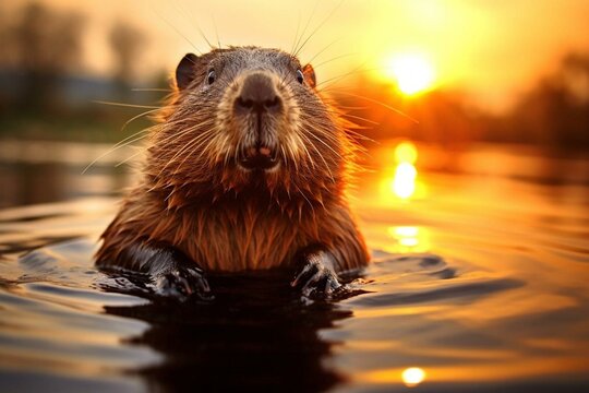 Adorable beaver enjoying the beautiful water at sunset. Generative AI