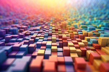 An abstract vibrant colored cube mosaic with a perspective view, creating an infinity concept in an extra wide background. Generative AI