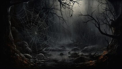 Mysterious dark forest with cobwebs and fog. Halloween background. background for horror or halloween, haunted, spooky and scary ghost evil - obrazy, fototapety, plakaty