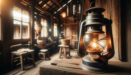 Fototapeta na wymiar Vintage lantern in a rustic cabin interior.