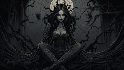 Fantasy illustration of a witch sitting in a dark forest. Halloween. spider's web.  - obrazy, fototapety, plakaty