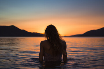 Fototapeta premium Silhouette of a beautiful young woman in the sea at sunset. Young woman meditating in the sea at sunset. Yoga concept. 