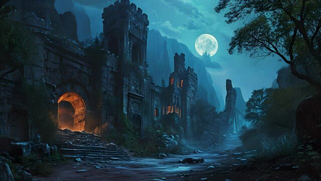 As dusk falls, the moon casts an otherworldly glow on the ruins, igniting the imagination of those who dare to venture inside. Fantasy animatio