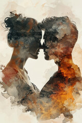 Silhouette romantic couple in love, watercolor double exposure