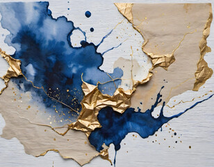 stains made of ink art on paper in beige, white, gold, and deep blue watercolors with beautiful natural, paints with and thin gold threads on crumpled paper - generative ai