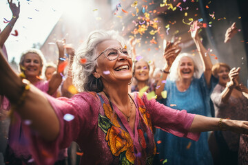 Happy senior woman dancing with confetti at a music festival. Group of friends having fun together. - obrazy, fototapety, plakaty