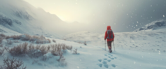 a person with hiking gear walking through snow