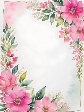 copy space for text card with pink  flowers and leaves , watercolour , wedding invite,Happy Women's, Mother's, Valentine's Day, birthday flower frame  greeting card design. mockup copy space .
