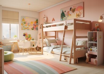 Fototapeta premium a nursery with a modern and minimalist design. The room features a crib, armchair, teepee, and three framed art pieces on the wall.